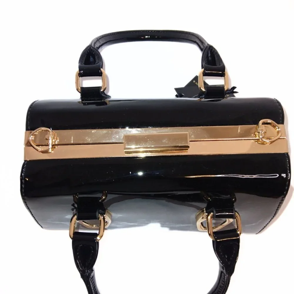 GRAMERCY & GRAND BLACK AND GOLD VEGAN LEATHER SATCHEL HANDBAG PURSE - NWT